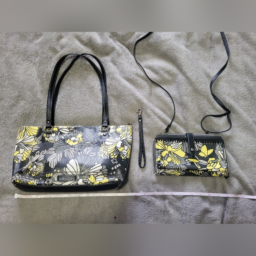 Sakroots Black and Yellow Floral Handbag and Wallet Set